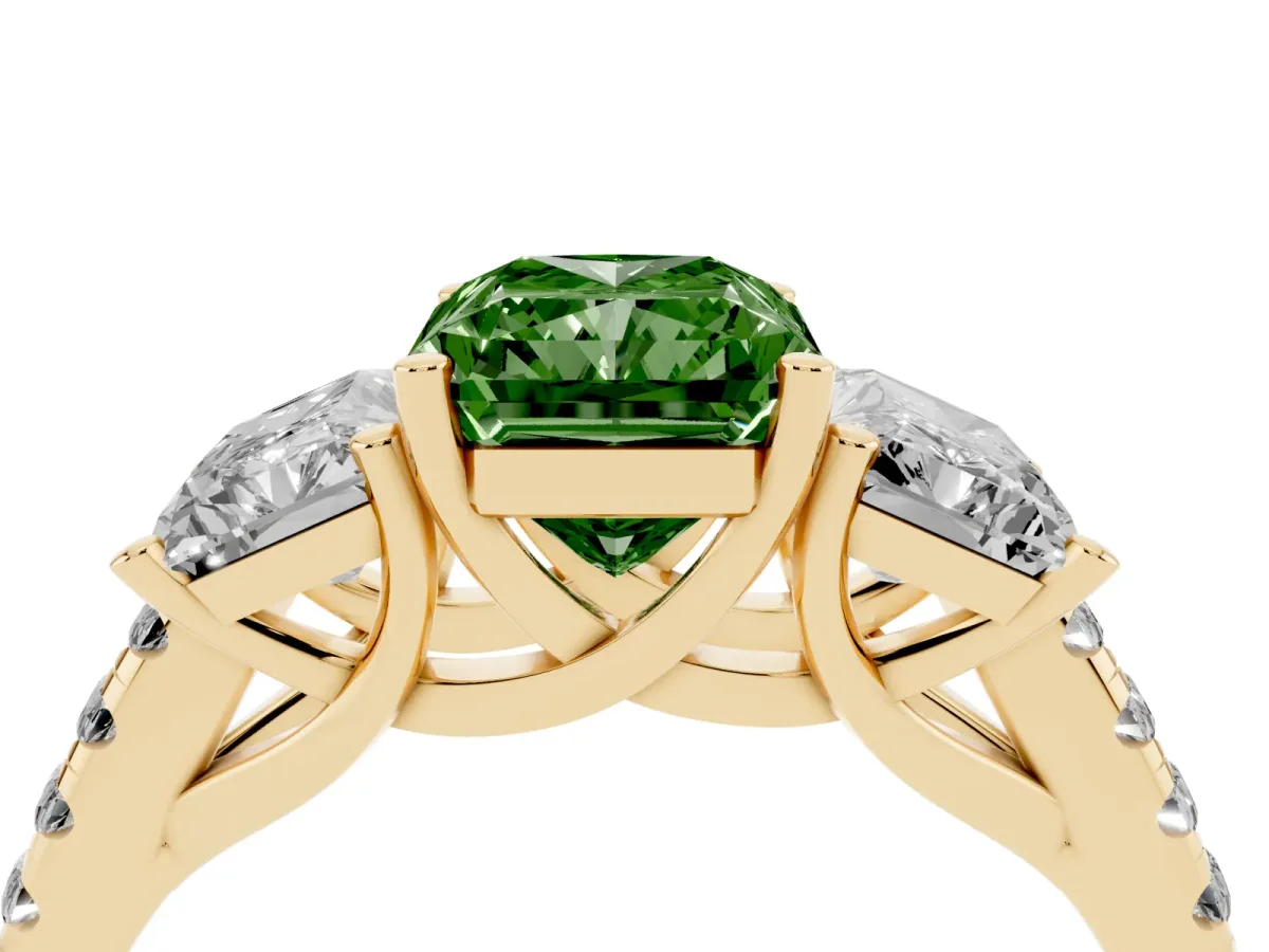 Fancy Green Three-Stone Radiant Cut Diamond Ring with Round Pavé Band and Prong Setting Yellow gold