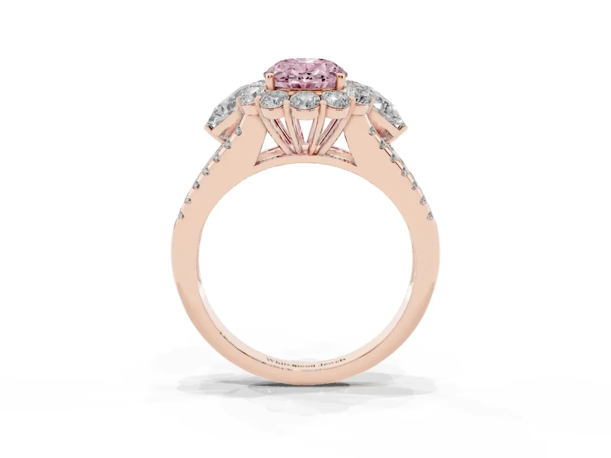 Fancy Pink Oval Cut Halo Split Shank Diamond Engagement Ring with Prong Setting Rose gold
