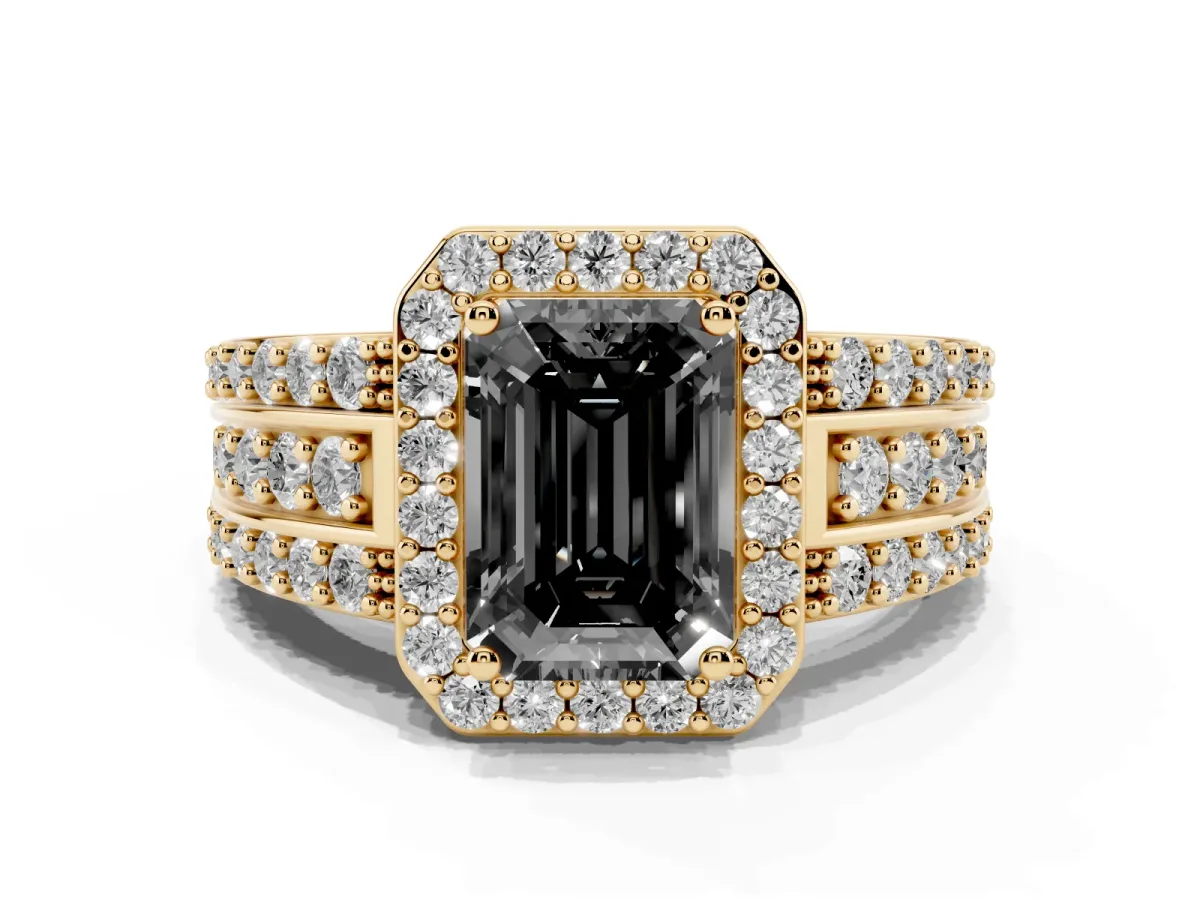 Fancy Black Emerald Cut Halo Diamond Ring with Round Split Shank and Prong Setting Yellow gold