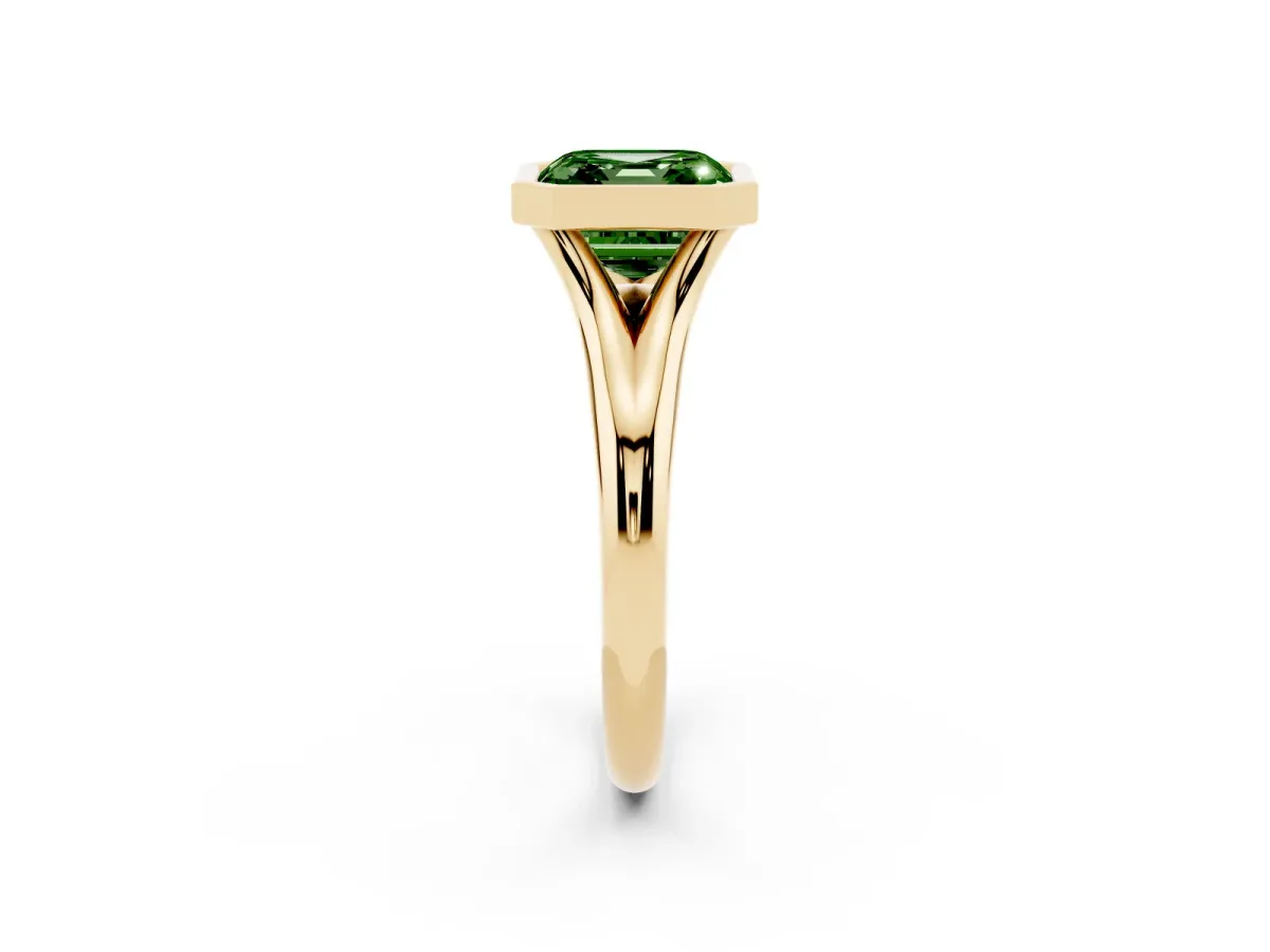 Fancy Green Bezel Set Asscher Cut Solitaire Diamond Ring with Smooth Band Yellow gold