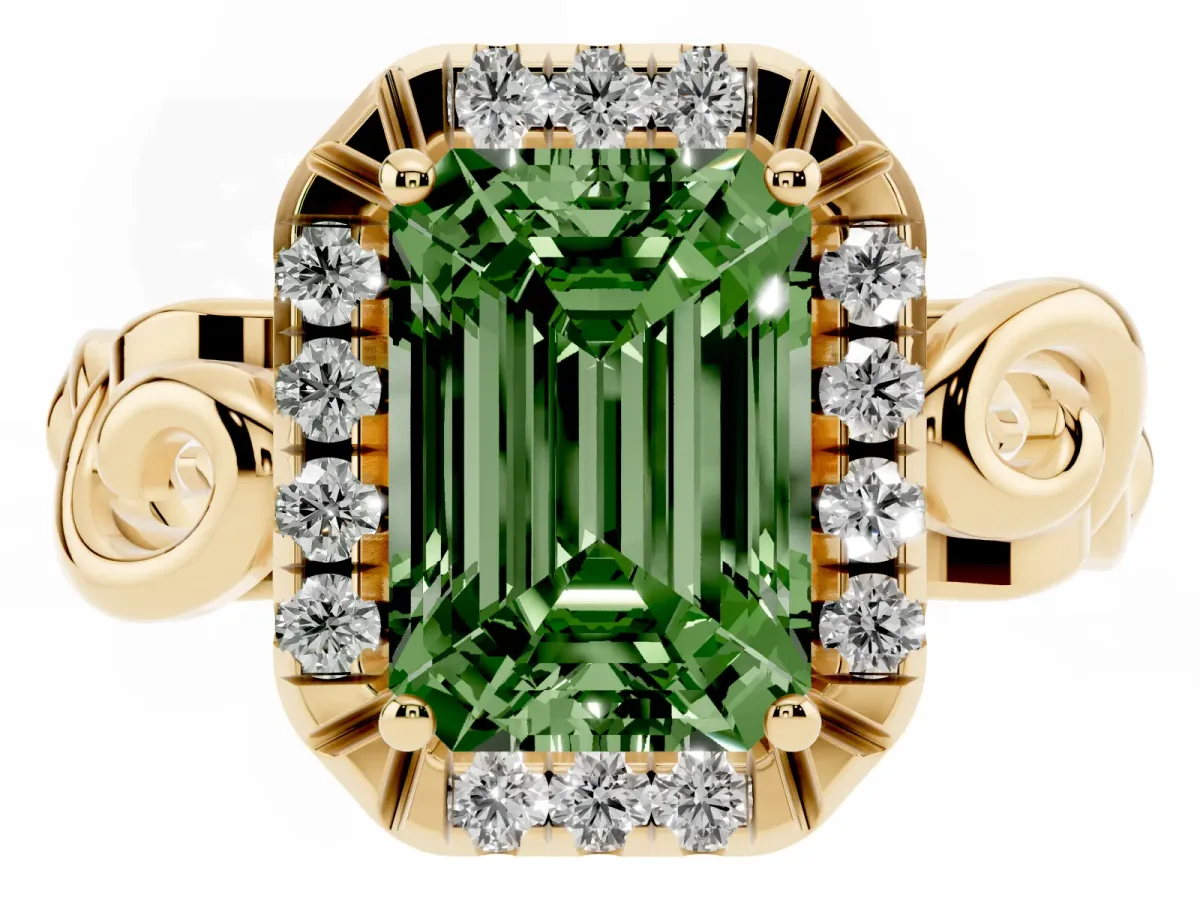 Fancy Green Emerald Cut Cut Halo Diamond Ring with Scrollwork Band and Four-Prong Setting Yellow gold