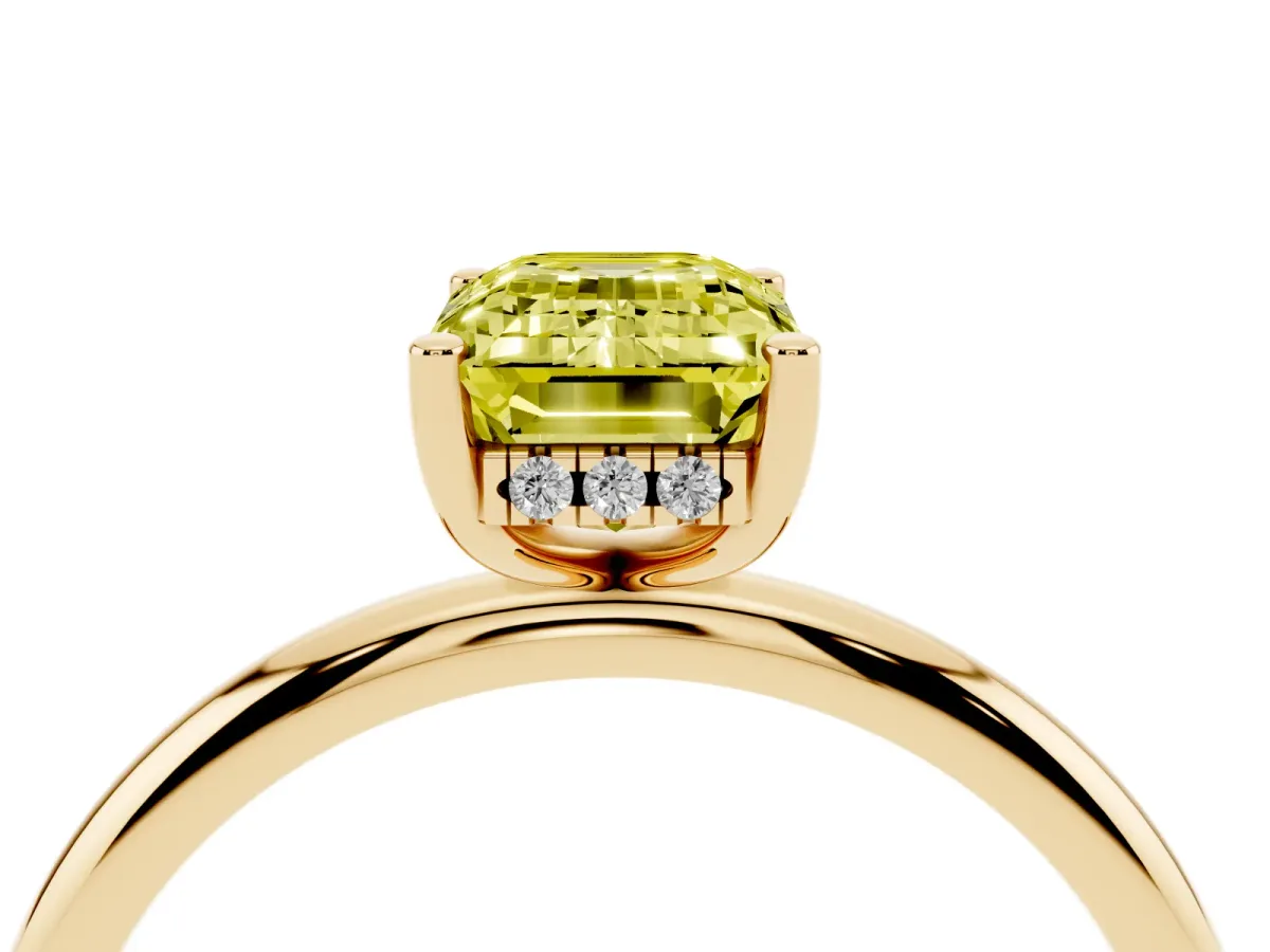 Fancy Yellow Emerald Cut Cut Solitaire Engagement Ring with Four-Prong Setting and Classic Band Yellow gold