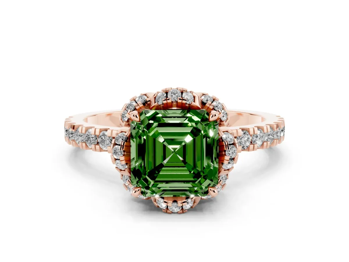 Fancy Green Asscher Cut Diamond Halo Pave Band with Four-Prong Setting Rose gold