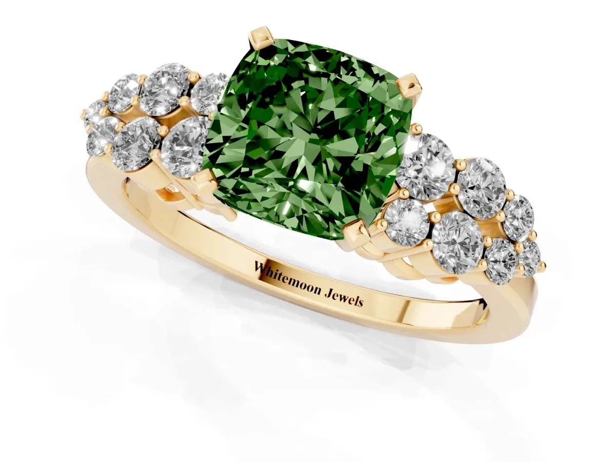 Fancy Green Cushion Cut Cluster Diamond Engagement Ring with Pavé Band and Four-Prong Setting Yellow gold