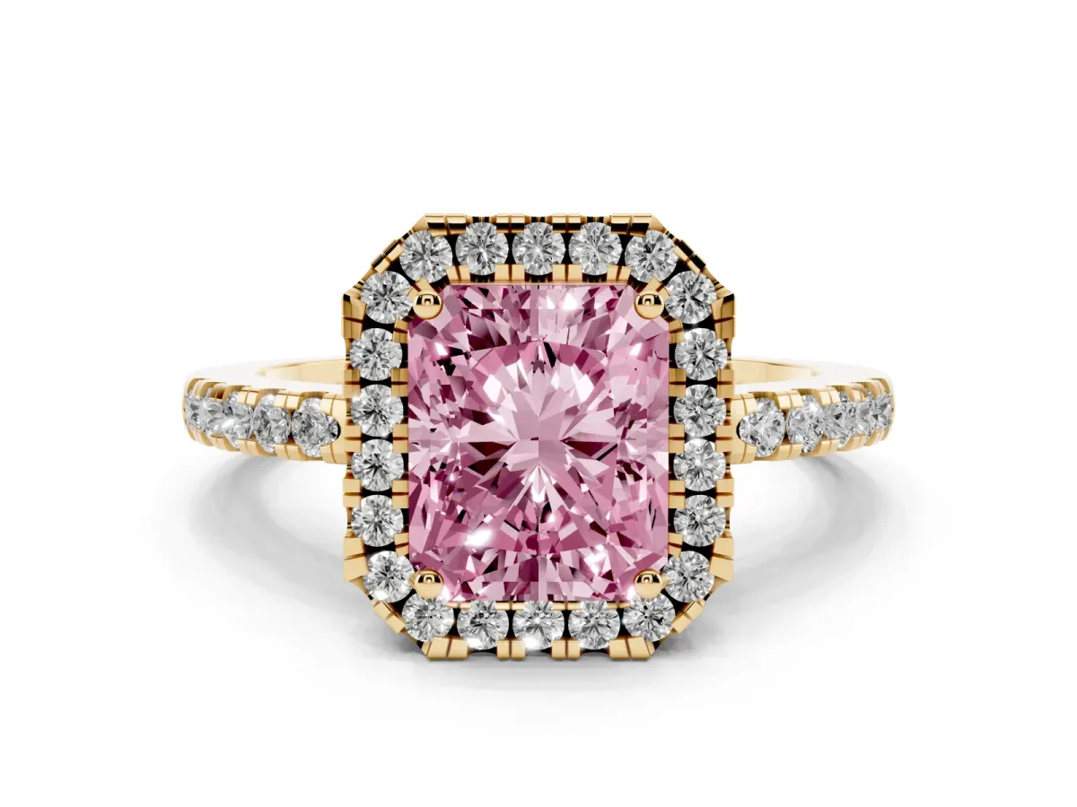 Fancy Pink Radiant Cut Halo Diamond Engagement Ring with Pavé Band and Four-Prong Setting Yellow gold