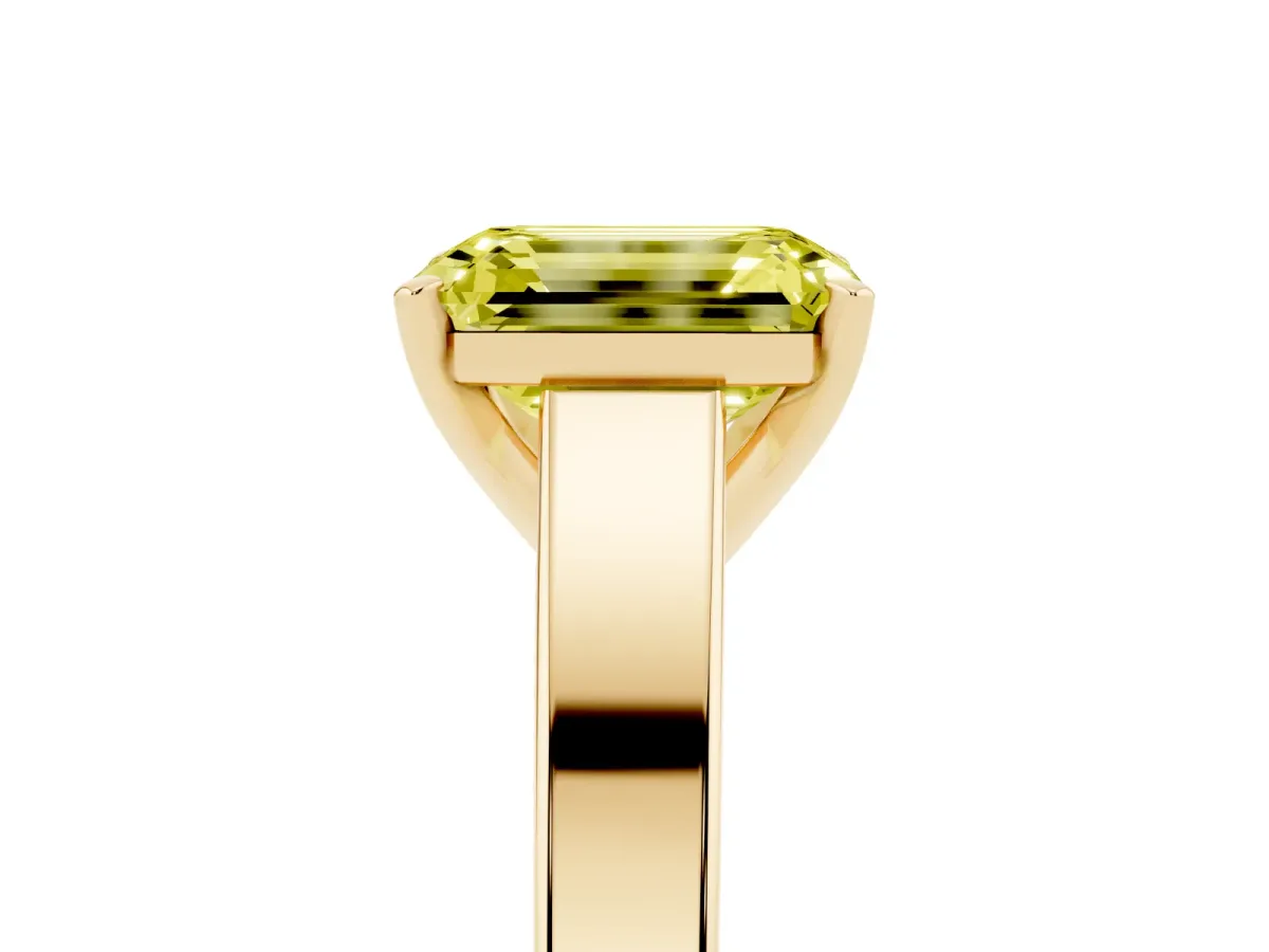 Fancy Yellow Emerald Cut Solitaire Engagement Ring with Four-Prong Setting and Tapered Band Yellow gold