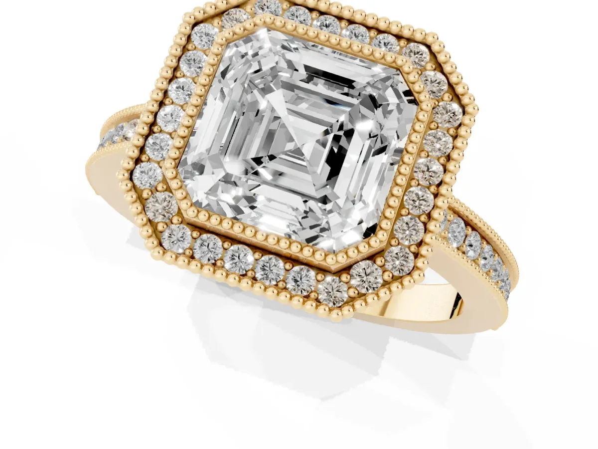 Asscher Cut Cut Halo Diamond Ring with Pavé Band and Milgrain Prong Setting Yellow gold