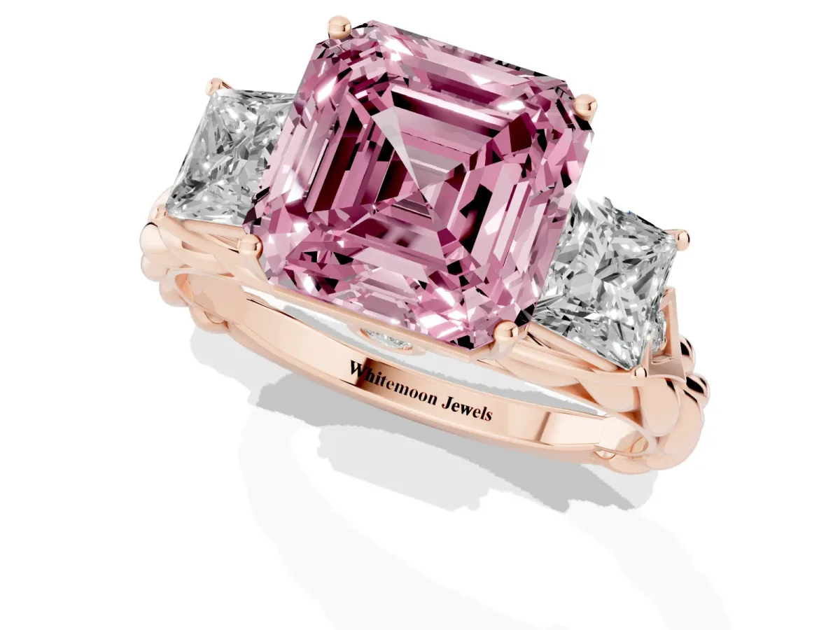 Fancy Pink Three-Stone Asscher Cut Diamond Braided Band Ring with Four-Prong Setting Rose gold