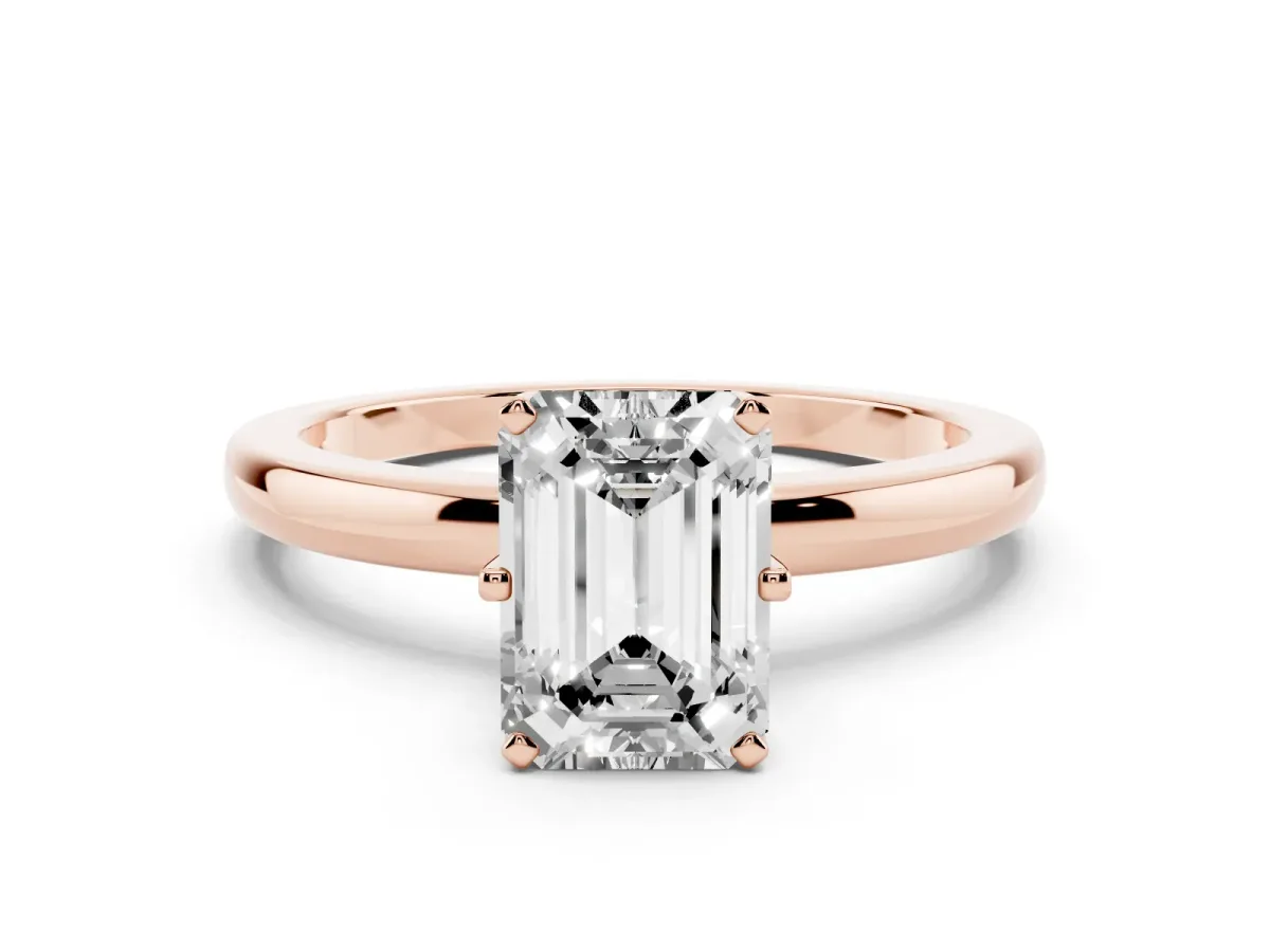 Emerald Cut Solitaire Diamond Ring with Six-Prong Setting on a Classic Band Rose gold
