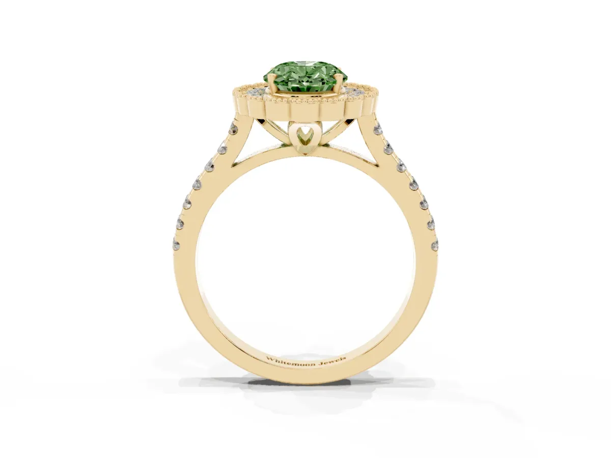 Fancy Green Oval Cut Cut Diamond Milgrain Floral Halo Engagement Ring with Pavé Band Yellow gold