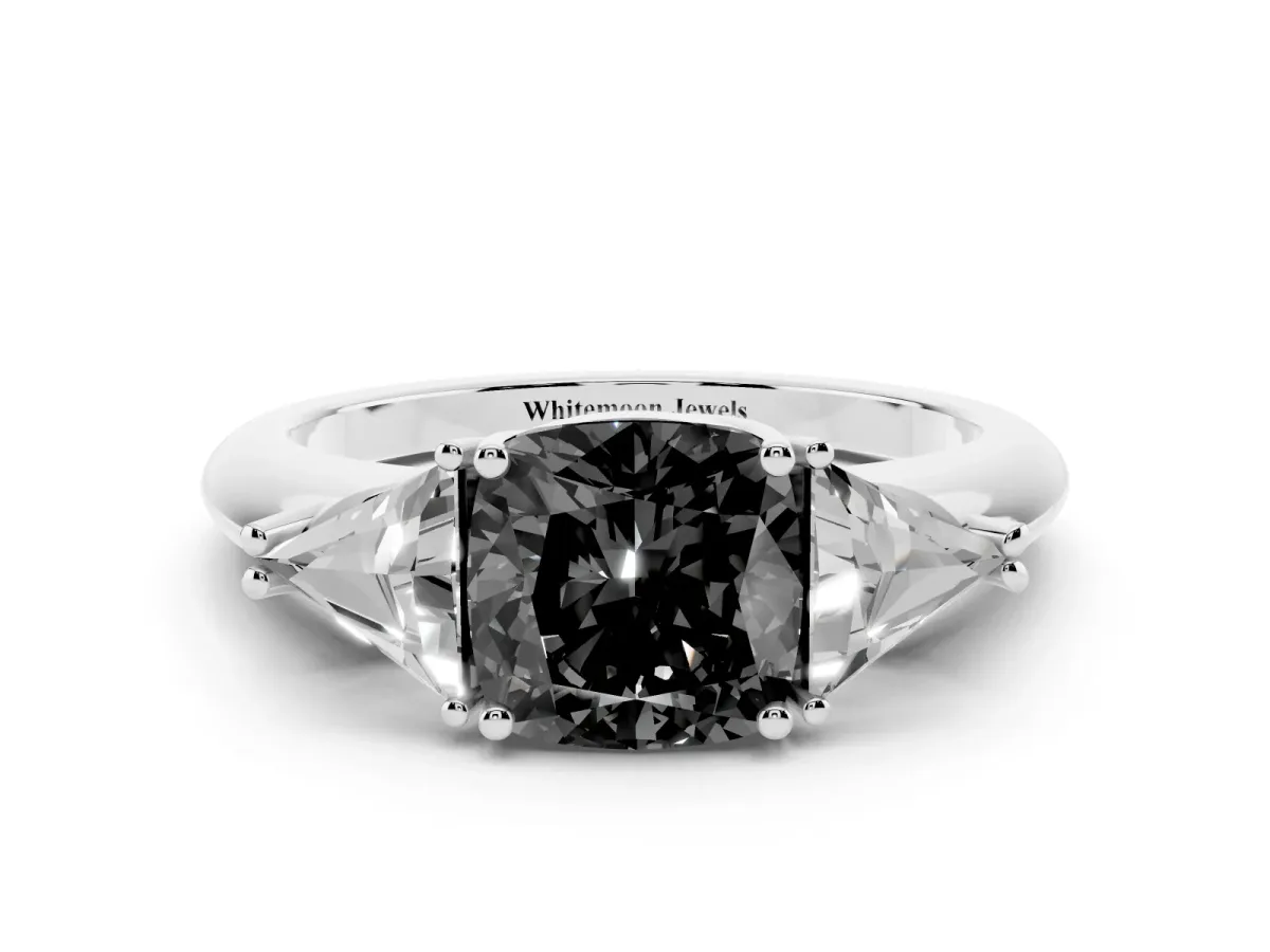 Fancy Black Three-Stone Cushion Cut Diamond Engagement Ring with Trillion Side Stones and Prong Setting Silver