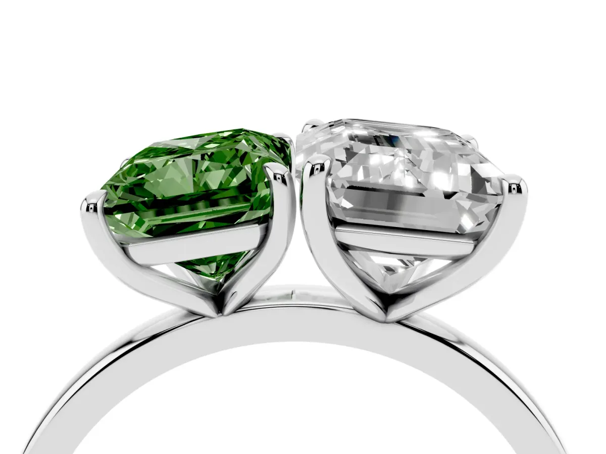 Fancy Green Radiant Cut and Emerald Cut Toi Moi Ring with Prong Setting Platinum