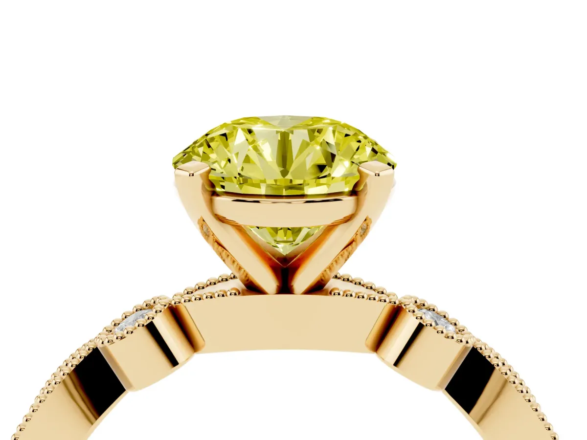 Fancy Yellow Round Cut Milgrain Bezel Diamond Engagement Ring with Solitaire Prong Setting Yellow gold