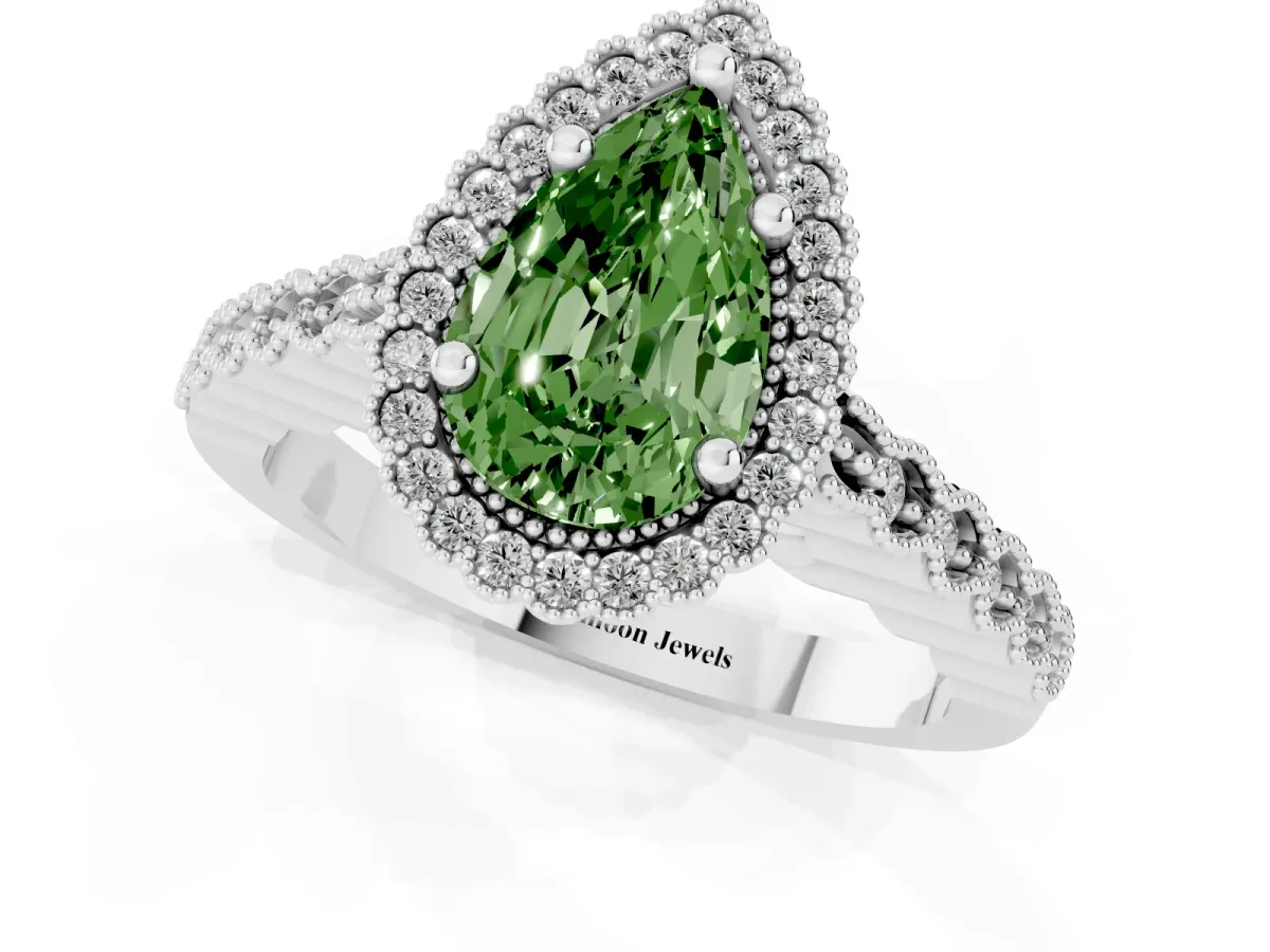 Fancy Green Pear Cut Cut Halo Pavé Solitaire Ring with Milgrain Band Silver