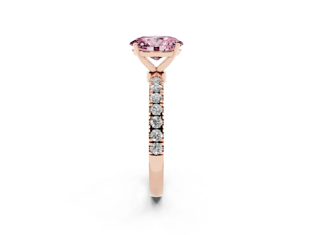 Fancy Pink Oval Cut Diamond Solitaire Ring with Pavé Accents and Four-Prong Setting Rose gold