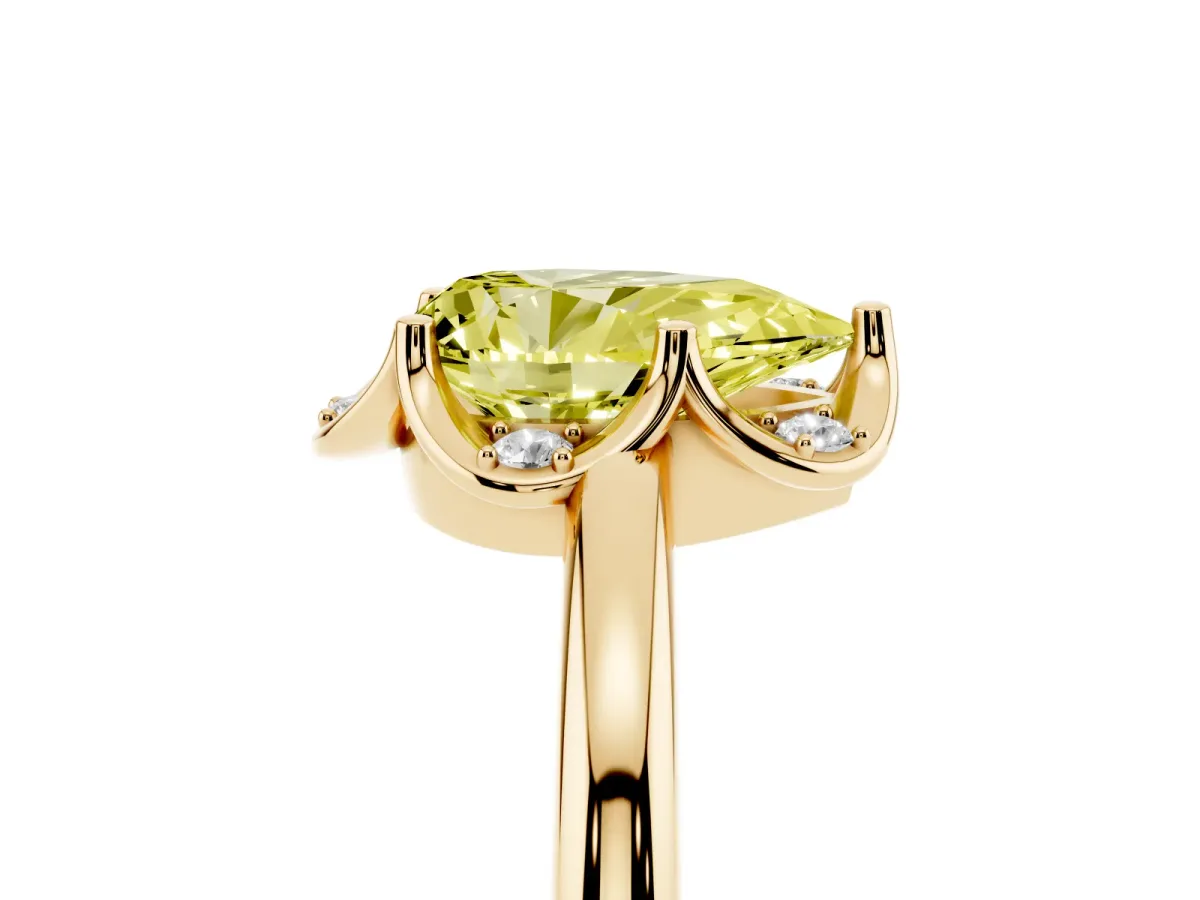 Fancy Yellow Pear Cut Halo Diamond Ring with Round Cluster Setting, Solitaire Band, and Four-Prong Setting Yellow gold