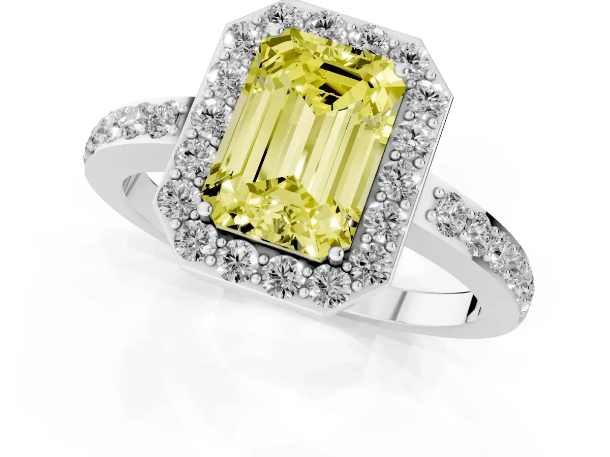 Fancy Yellow Emerald Cut Halo Diamond Pavé Band Ring with Prong Setting Silver