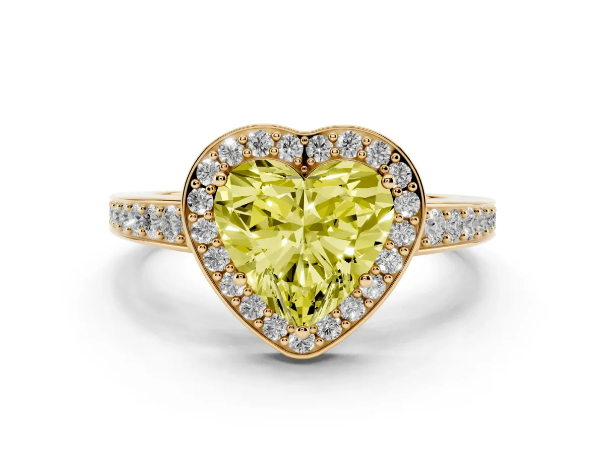 Fancy Yellow Heart Cut Halo Pavé Diamond Engagement Ring with Bezel Setting Yellow gold
