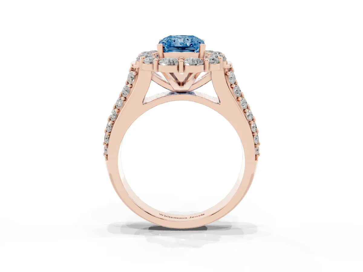 Fancy Blue Radiant Cut Halo Diamond Engagement Ring with Split Shank and Prong Setting Rose gold