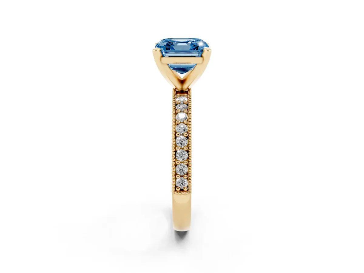 Fancy Blue Asscher Cut Diamond Milgrain Pavé Engagement Ring with Four-Prong Setting Yellow gold