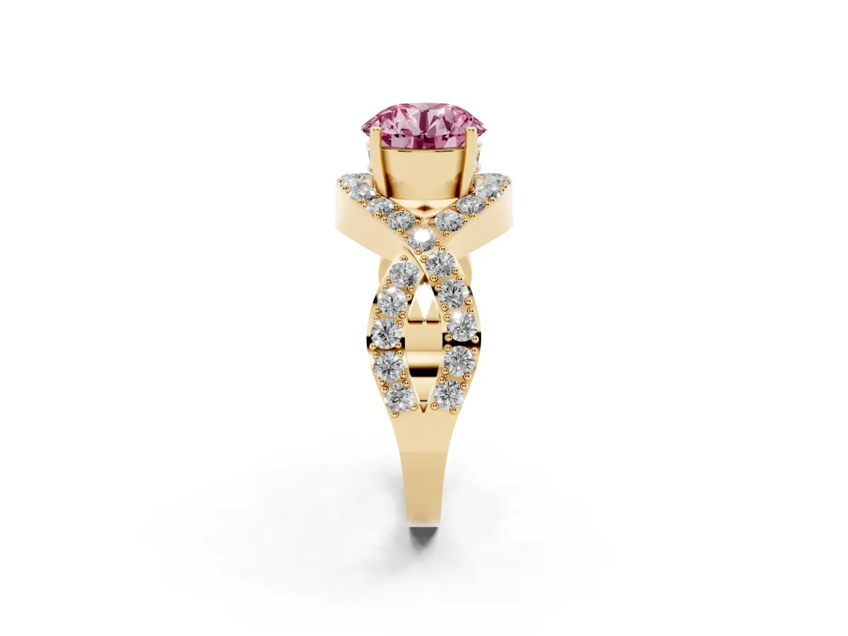 Fancy Pink Round Cut Solitaire Twist Band Pavé Diamond Engagement Ring Yellow gold