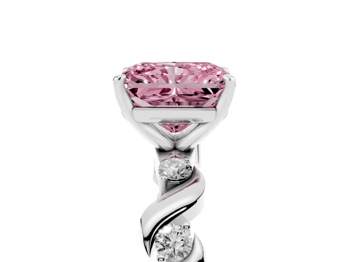 Fancy Pink Radiant Cut Diamond Solitaire Twisted Band with Round Accents and Prong Setting White gold