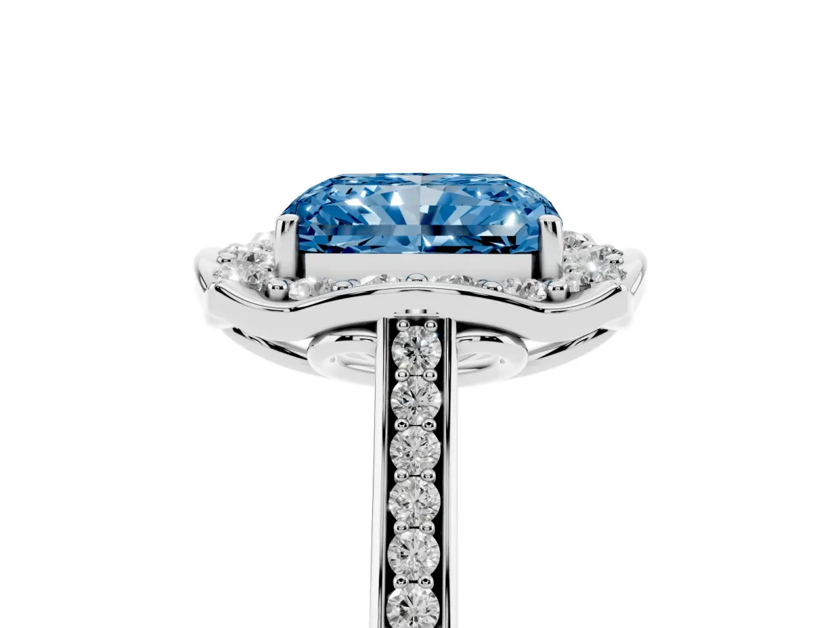 Fancy Blue Radiant Cut Halo Round Diamond Pave Band with Four-Prong Setting White gold