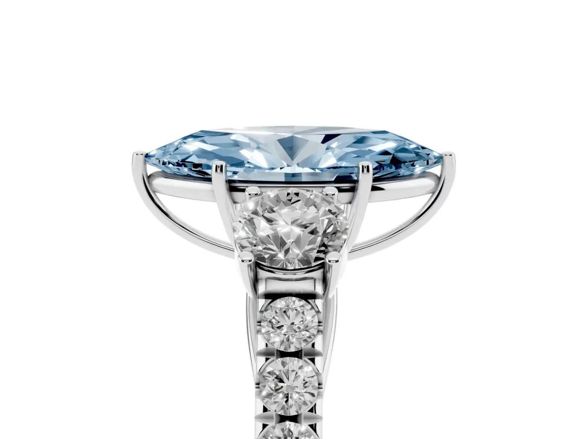 Fancy Blue Marquise Cut Cut Diamond Three-Stone Ring with Round Side Stones and Pavé Band Silver