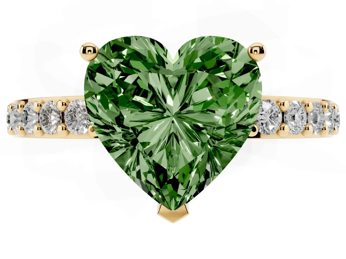 Fancy Green Heart Cut Cut Diamond Solitaire with Pave Band and Four-Prong Setting Yellow gold