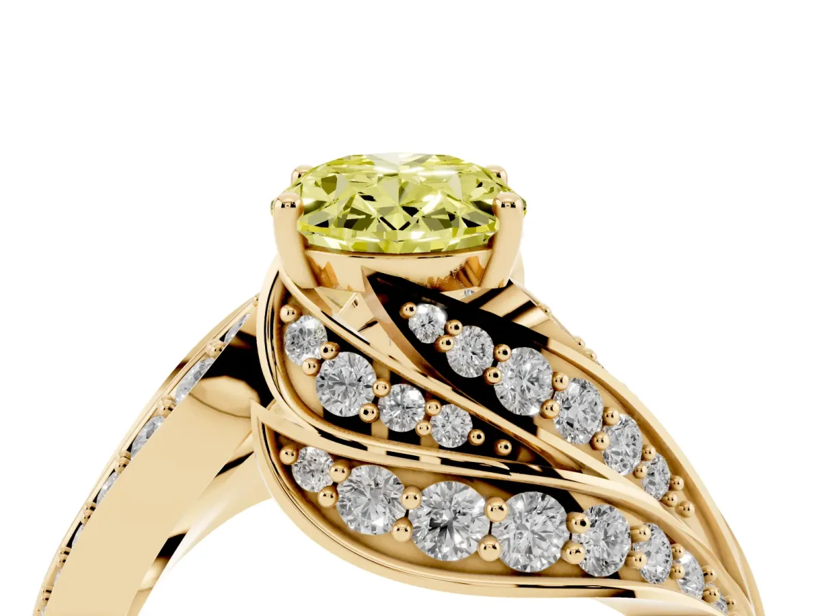Fancy Yellow Oval Cut Diamond Solitaire Ring with Prong Setting and Twisted Pavé Band Yellow gold