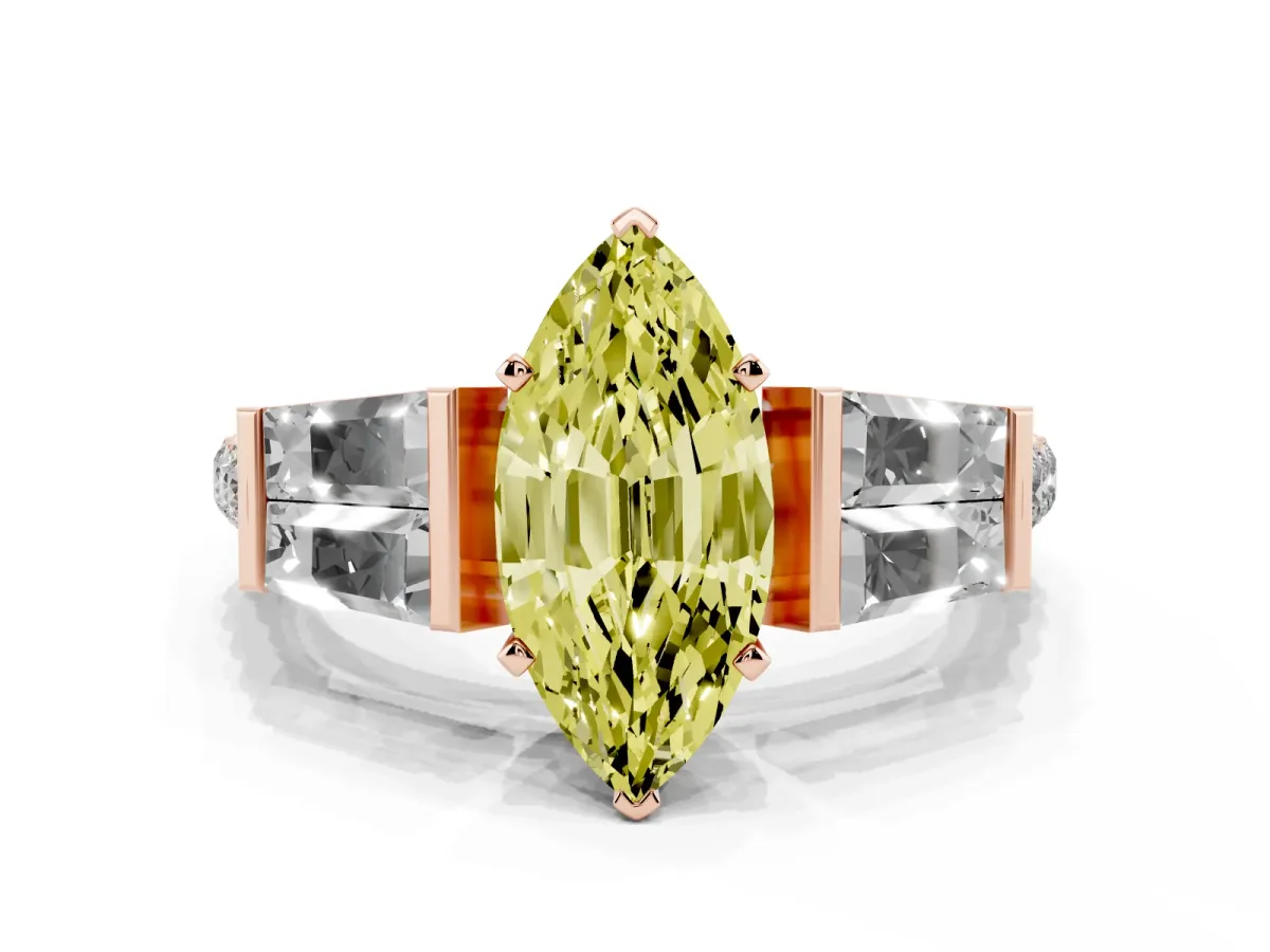 Fancy Yellow Marquise Cut Diamond Engagement Ring with Baguette Side Stones and Channel Set Band Rose gold