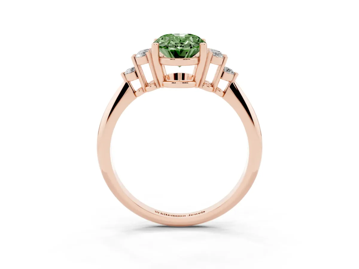 Fancy Green Oval Cut Cut Diamond Cluster Ring with Solitaire Band and Four-Prong Setting Rose gold