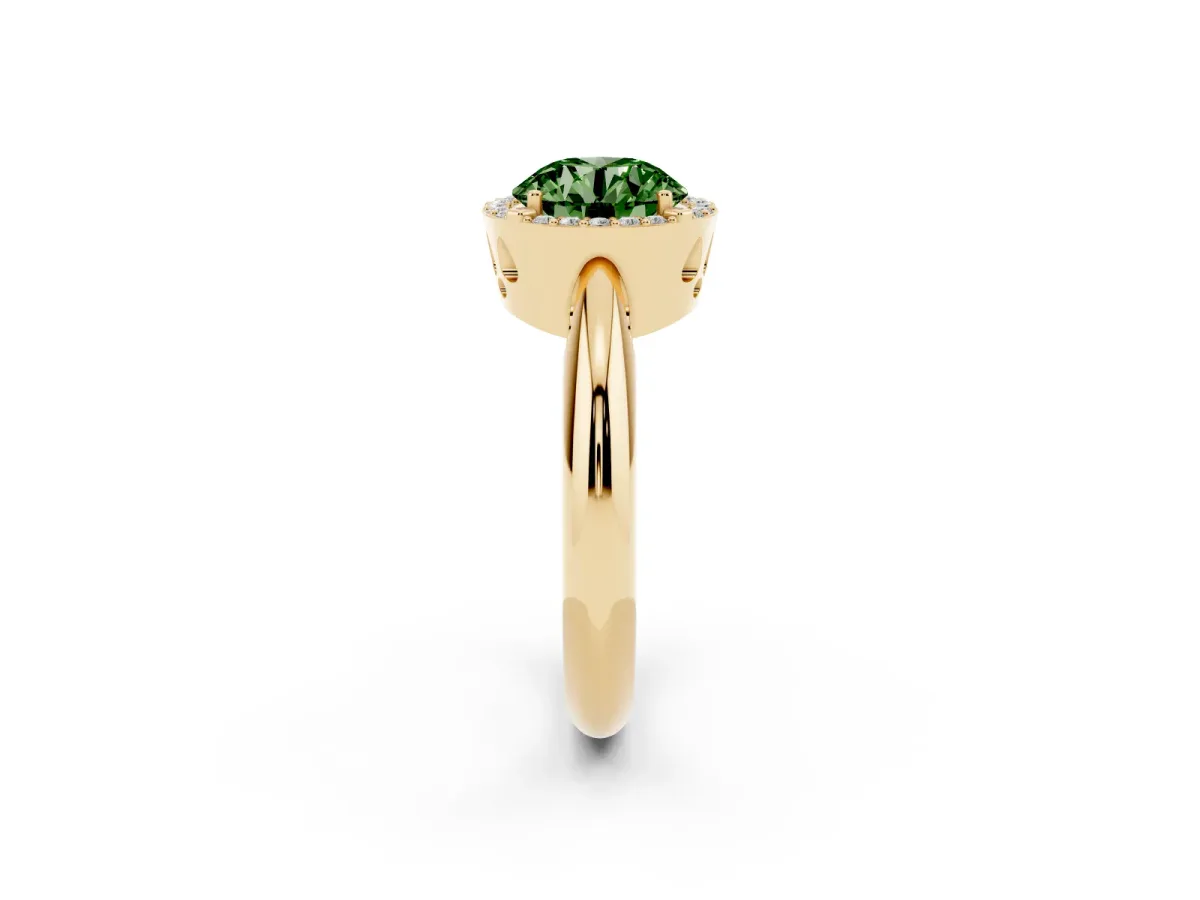 Fancy Green Round Cut Cut Diamond Halo Engagement Ring with Split Shank and Four-Prong Setting Yellow gold