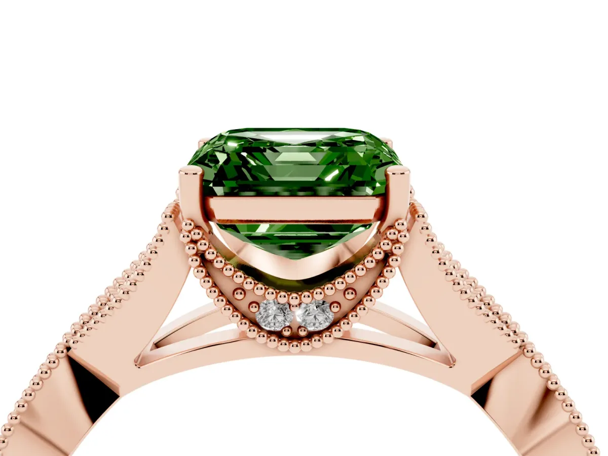 Fancy Green Asscher Cut Cut Diamond Twisted Band with Milgrain Pave Setting and Four-Prong Setting Rose gold