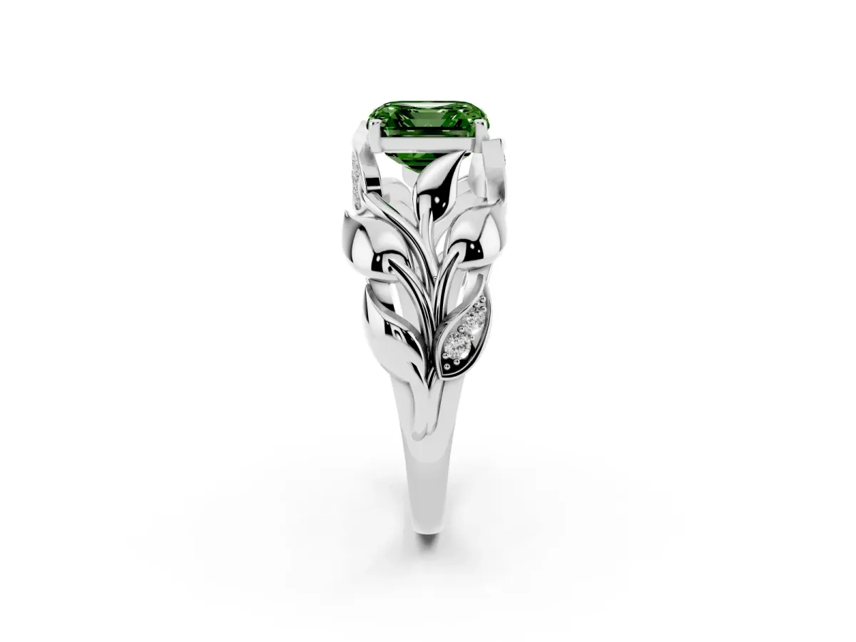Fancy Green Asscher Cut Diamond Leaf-Inspired Engagement Ring with Round Accents and Prong Setting Silver
