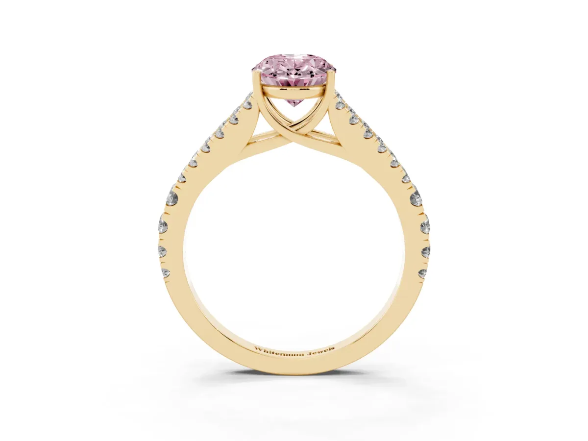 Fancy Pink Oval Cut Diamond Split Shank Pavé Engagement Ring with Four-Prong Setting Yellow gold