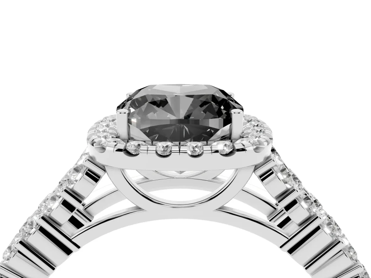 Fancy Black Cushion Cut Diamond Halo Engagement Ring with Triple Row Round Pavé Band and Prong Setting Silver