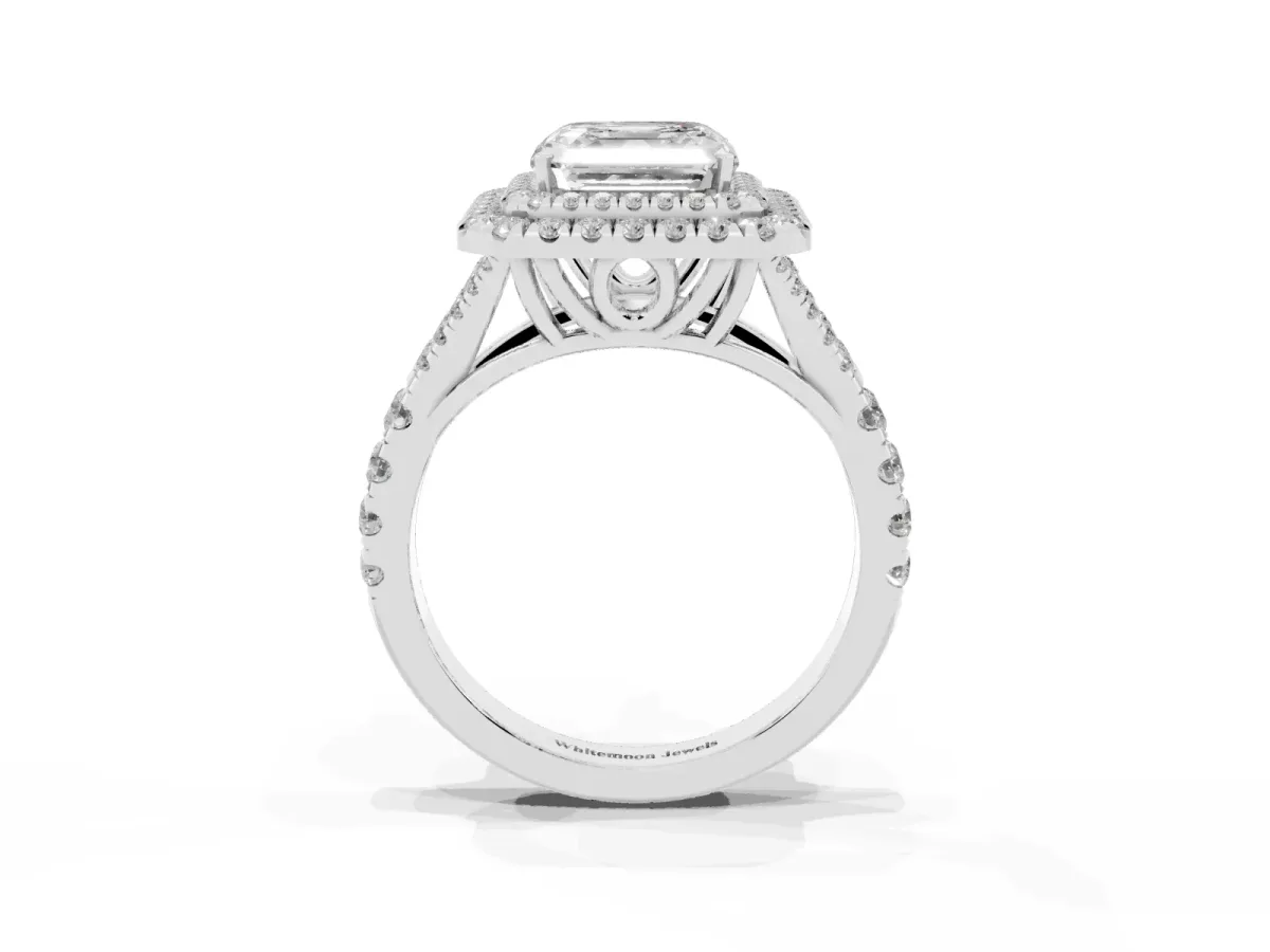 Asscher Cut Cut Double Halo Split Shank Diamond Ring with Prong Setting Silver