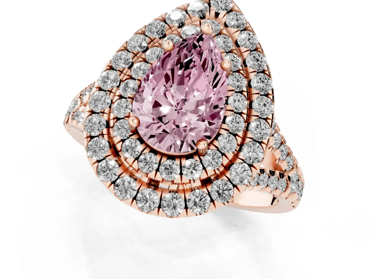 Fancy Pink Double Halo Pear Cut Diamond Pavé Split Shank Ring with Prong Setting Rose gold