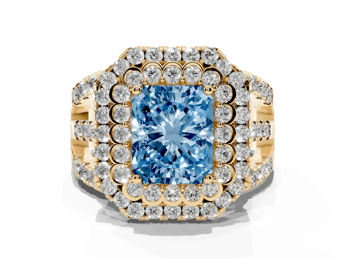 Fancy Blue Radiant Cut Diamond Double Halo Ring with Round Pavé Split Shank and Prong Setting Yellow gold