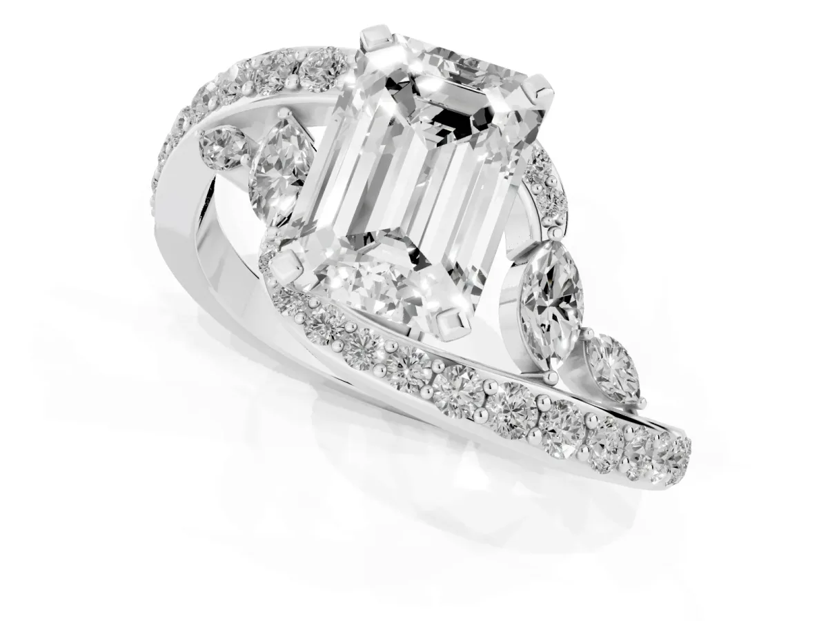 Emerald Cut Solitaire with Pavé Twist Band and Four-Prong Setting Silver