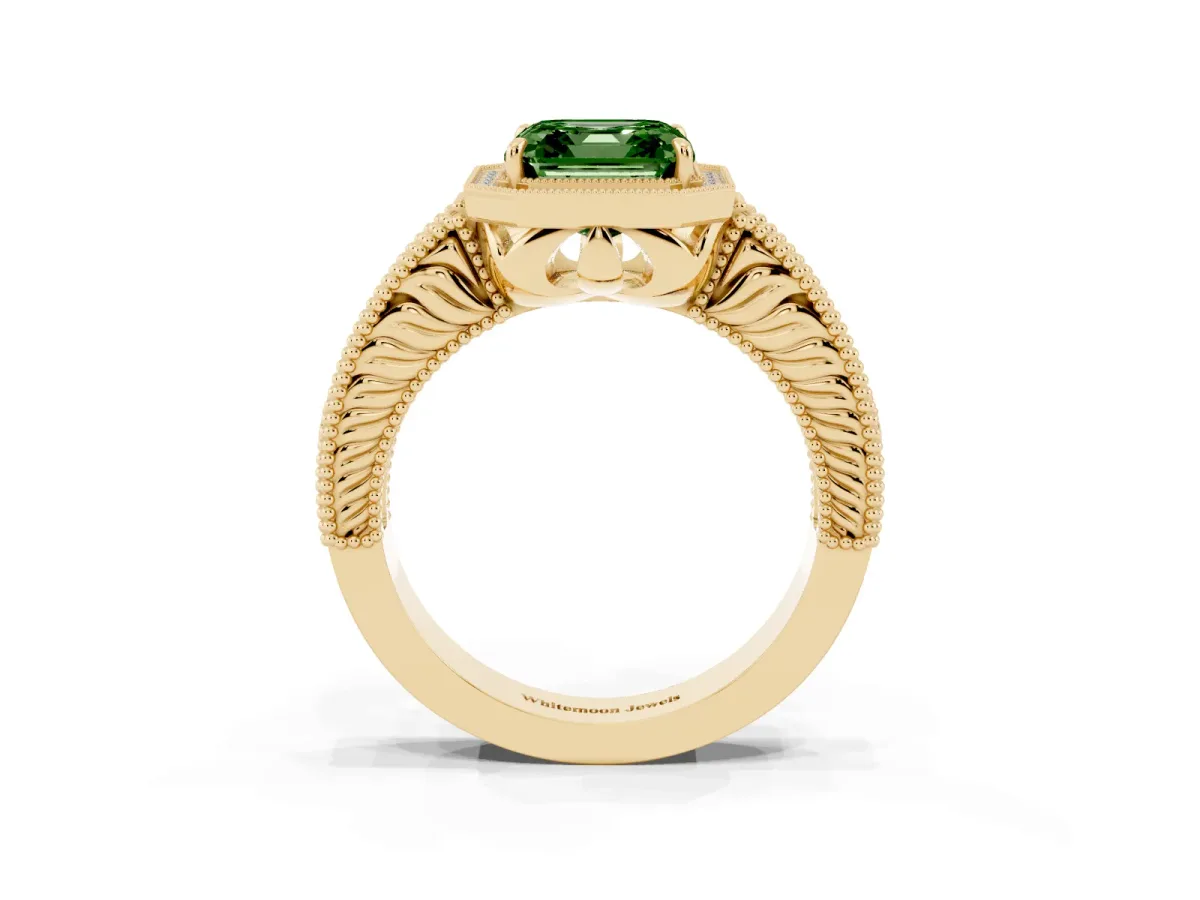 Fancy Green Asscher Cut Cut Halo Diamond Ring with Pavé Band and Four-Prong Setting Yellow gold