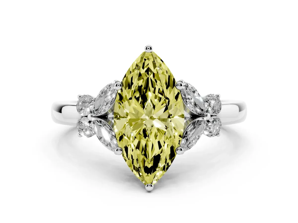 Fancy Yellow Marquise Cut Cut Solitaire Floral Diamond Ring with Four-Prong Setting White gold