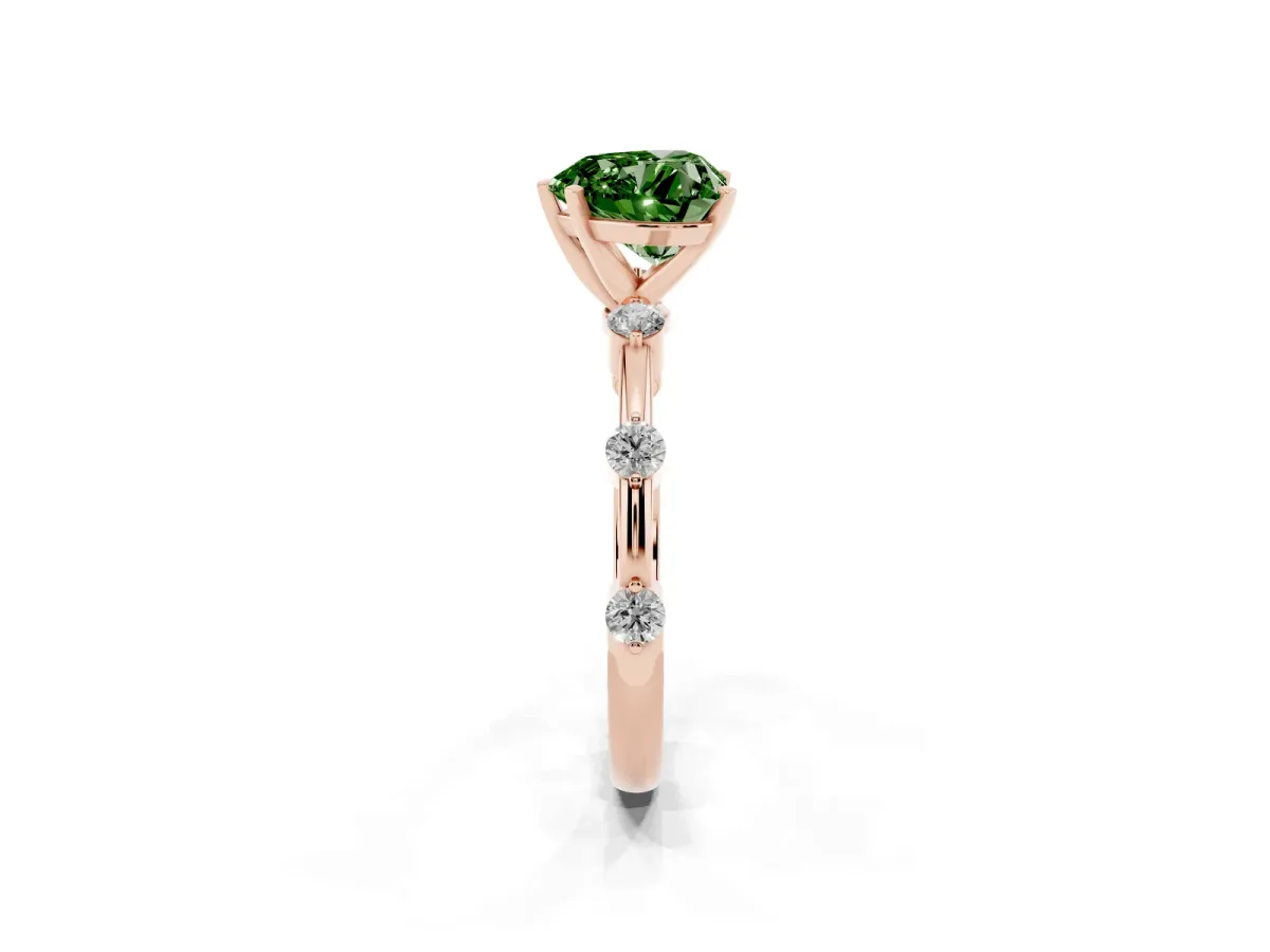 Fancy Green Heart Cut Solitaire Diamond Ring with Bezel Set Side Stones and Prong Setting Rose gold