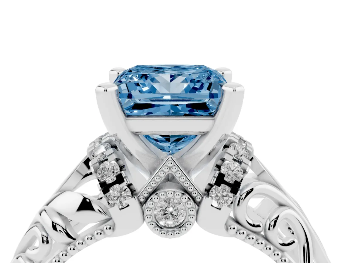 Fancy Blue Princess Cut Solitaire Filigree Engagement Ring with Halo and Prong Setting White gold
