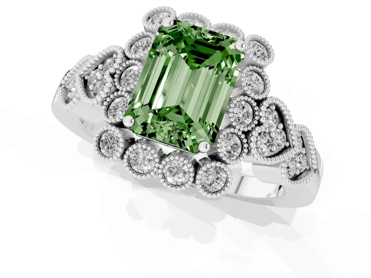 Fancy Green Emerald Cut Brilliant Milgrain Pave Heart Band Solitaire Ring Silver