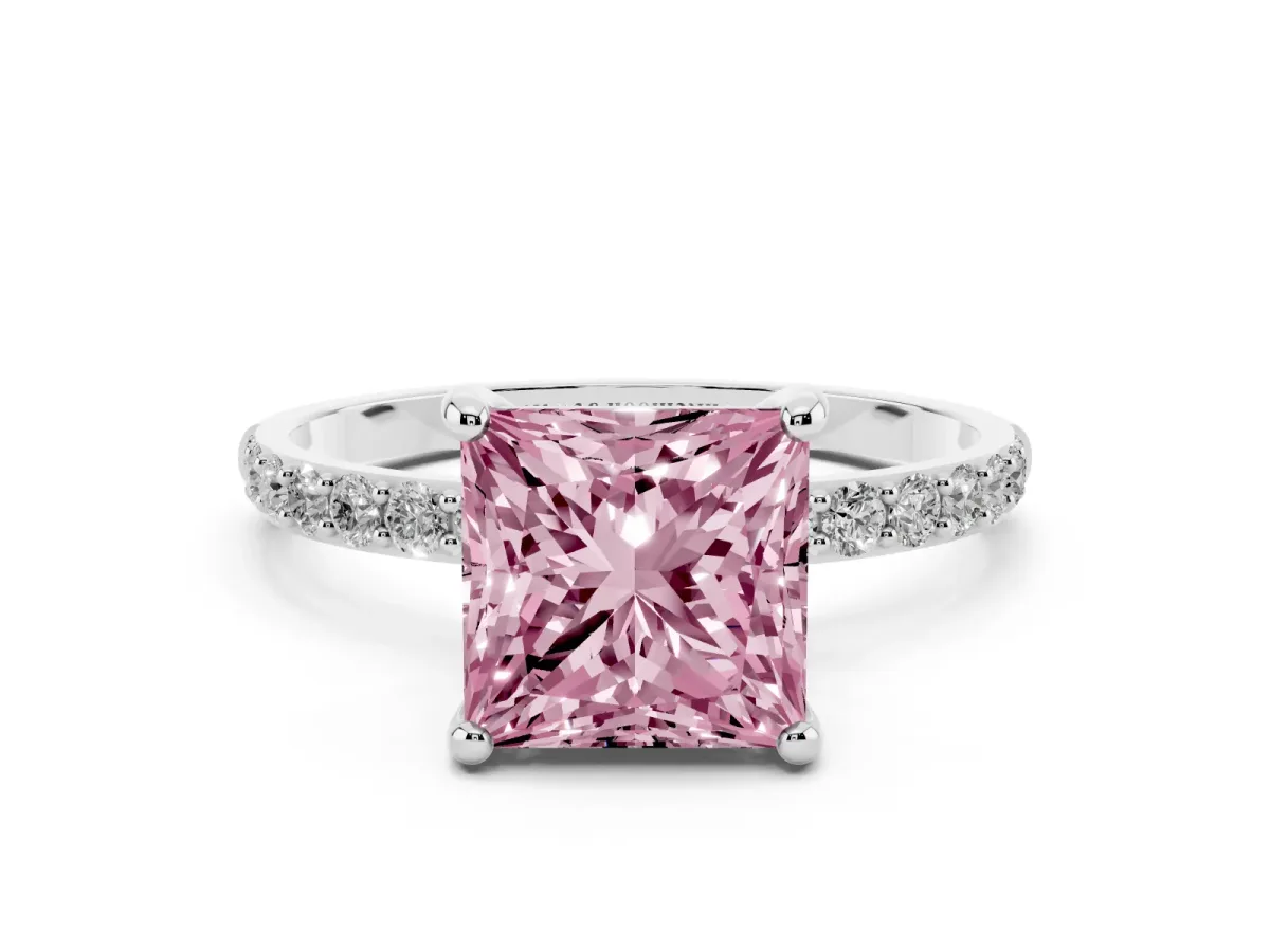 Fancy Pink Princess Cut Diamond Solitaire Ring with Round Pavé Band and Prong Setting Silver