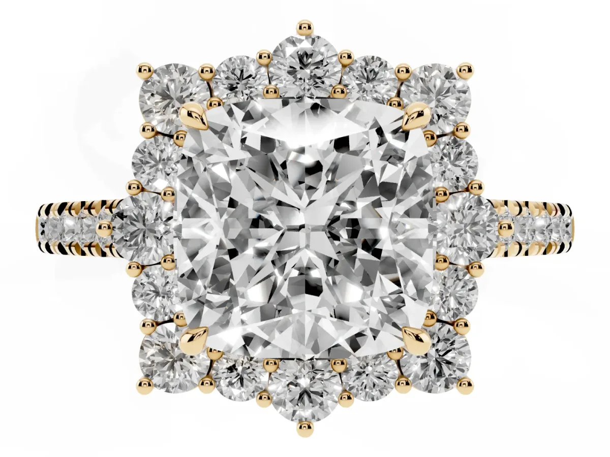 Cushion Cut Halo Diamond Ring with Pavé Band and Prong Setting Yellow gold