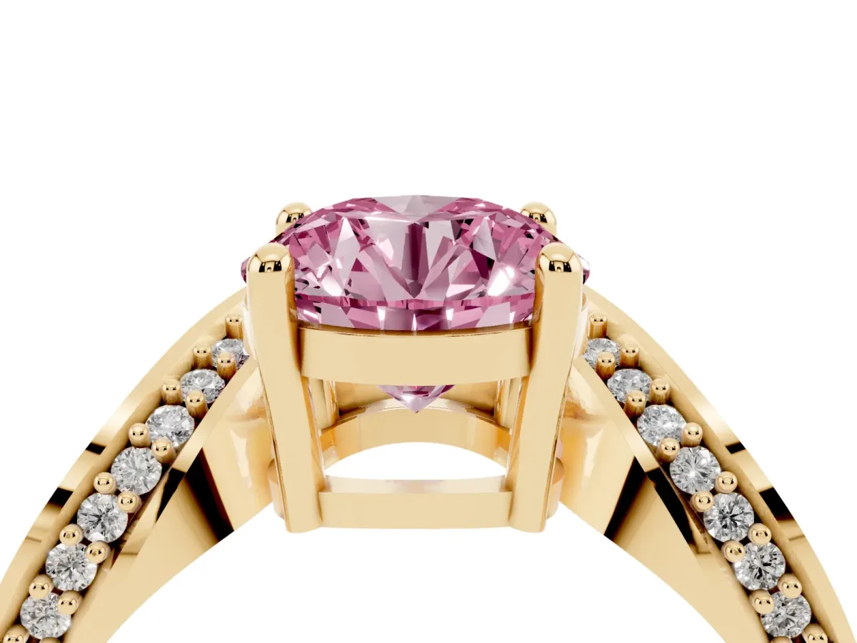 Fancy Pink Round Cut Solitaire Diamond Engagement Ring with Pave Band and Four-Prong Setting Yellow gold