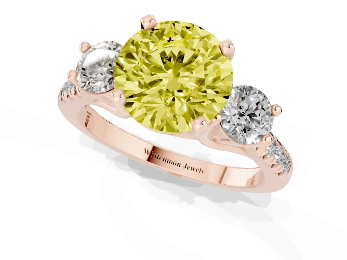 Fancy Yellow Three-Stone Round Cut Diamond Pavé Band with Four-Prong Setting Rose gold